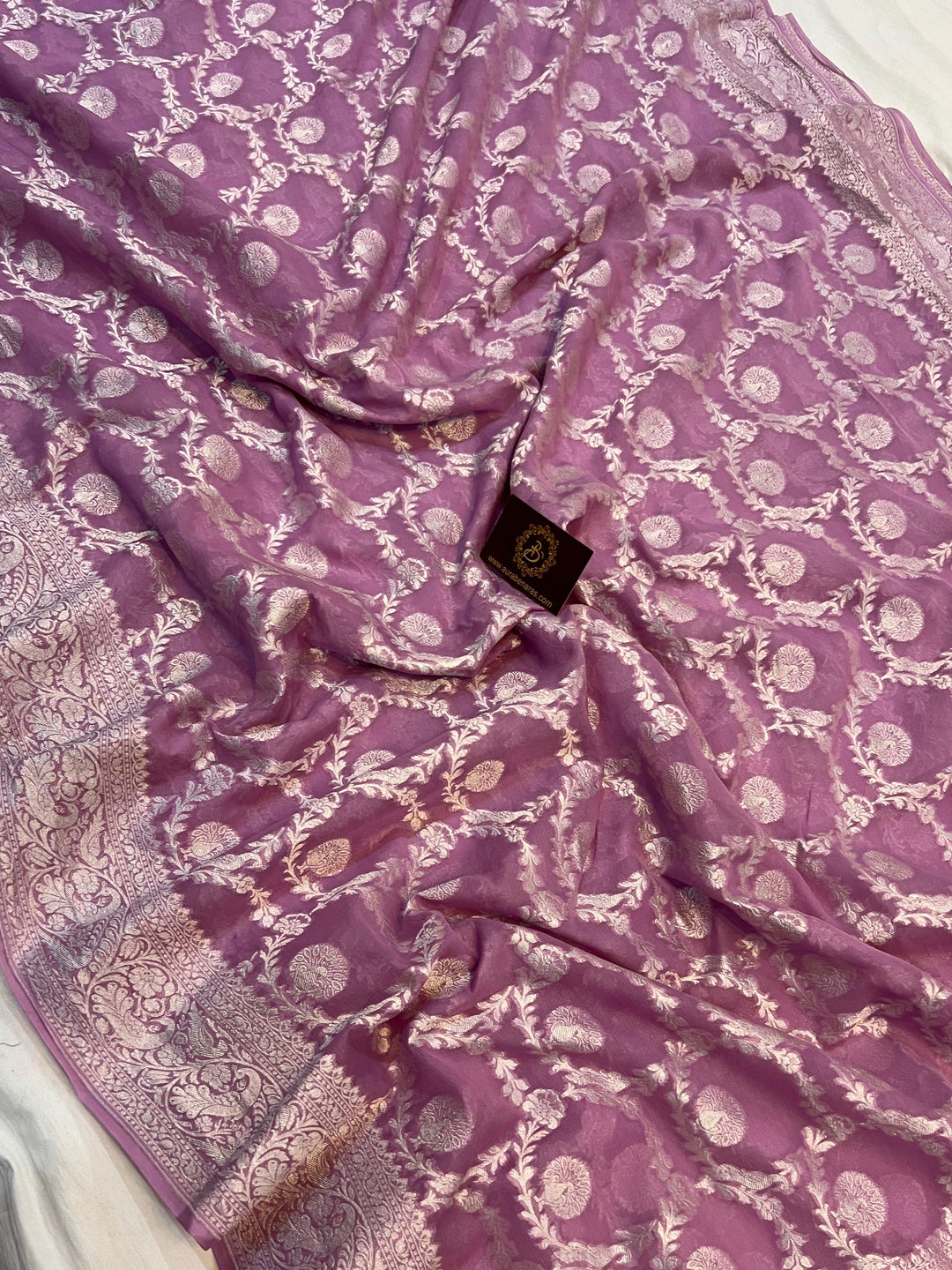 Pure Banarasi Khaddi Georgette Saree | Silver Zari Jaal | Aura Benaras