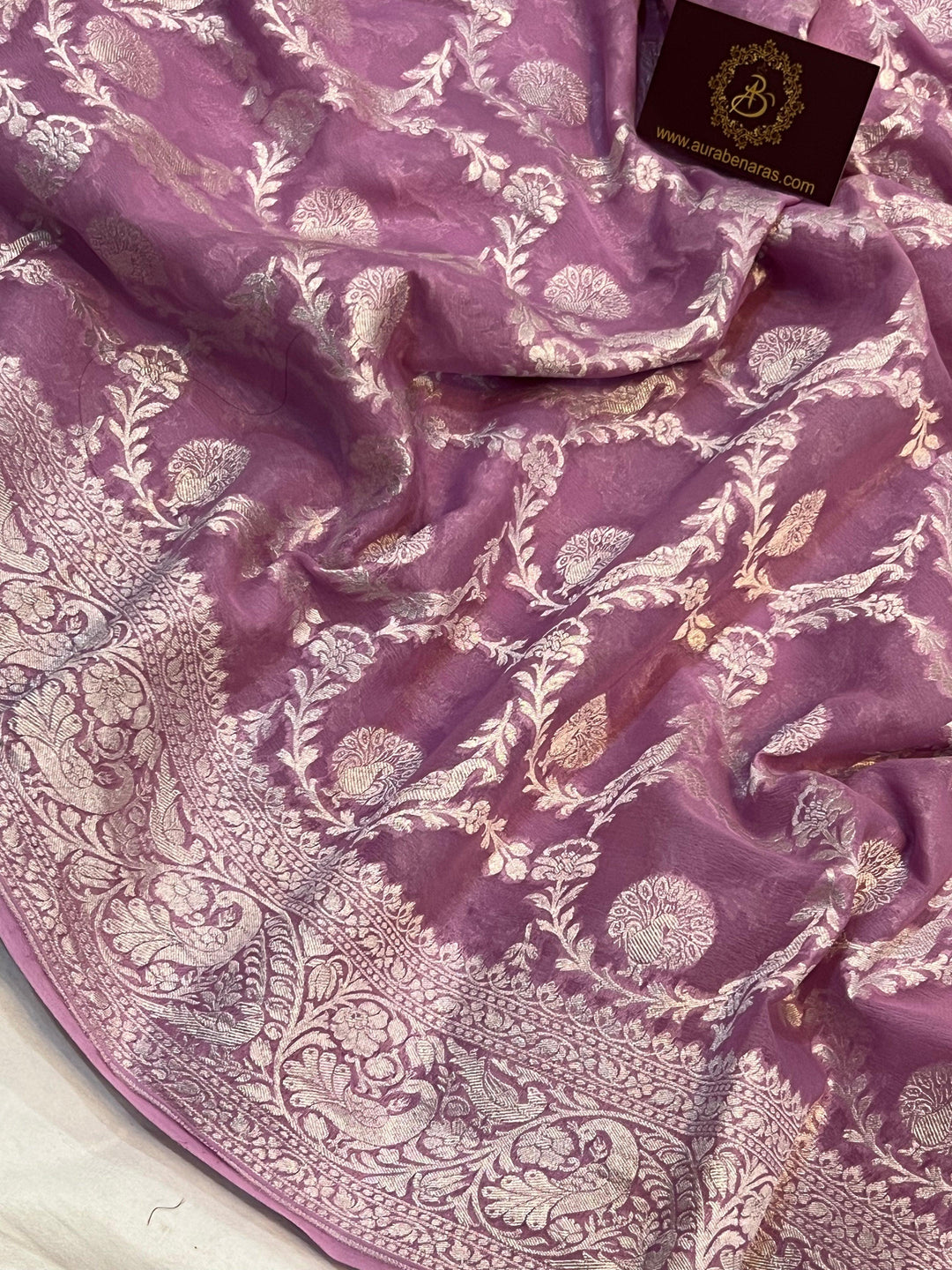 Pure Banarasi Khaddi Georgette Saree | Silver Zari Jaal | Aura Benaras