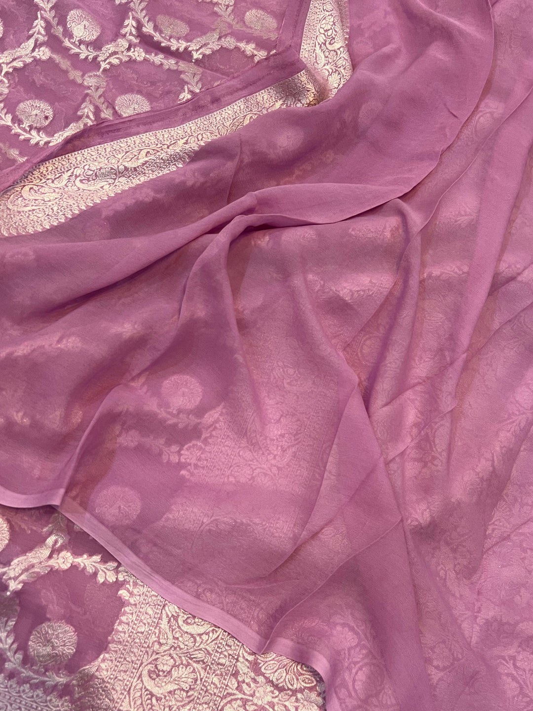 Pure Banarasi Khaddi Georgette Saree | Silver Zari Jaal | Aura Benaras