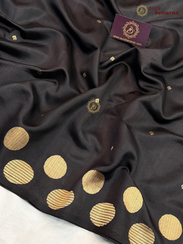 Black Pure Katan Silk Banarasi Saree Kadhwa Geometric Round Motifs