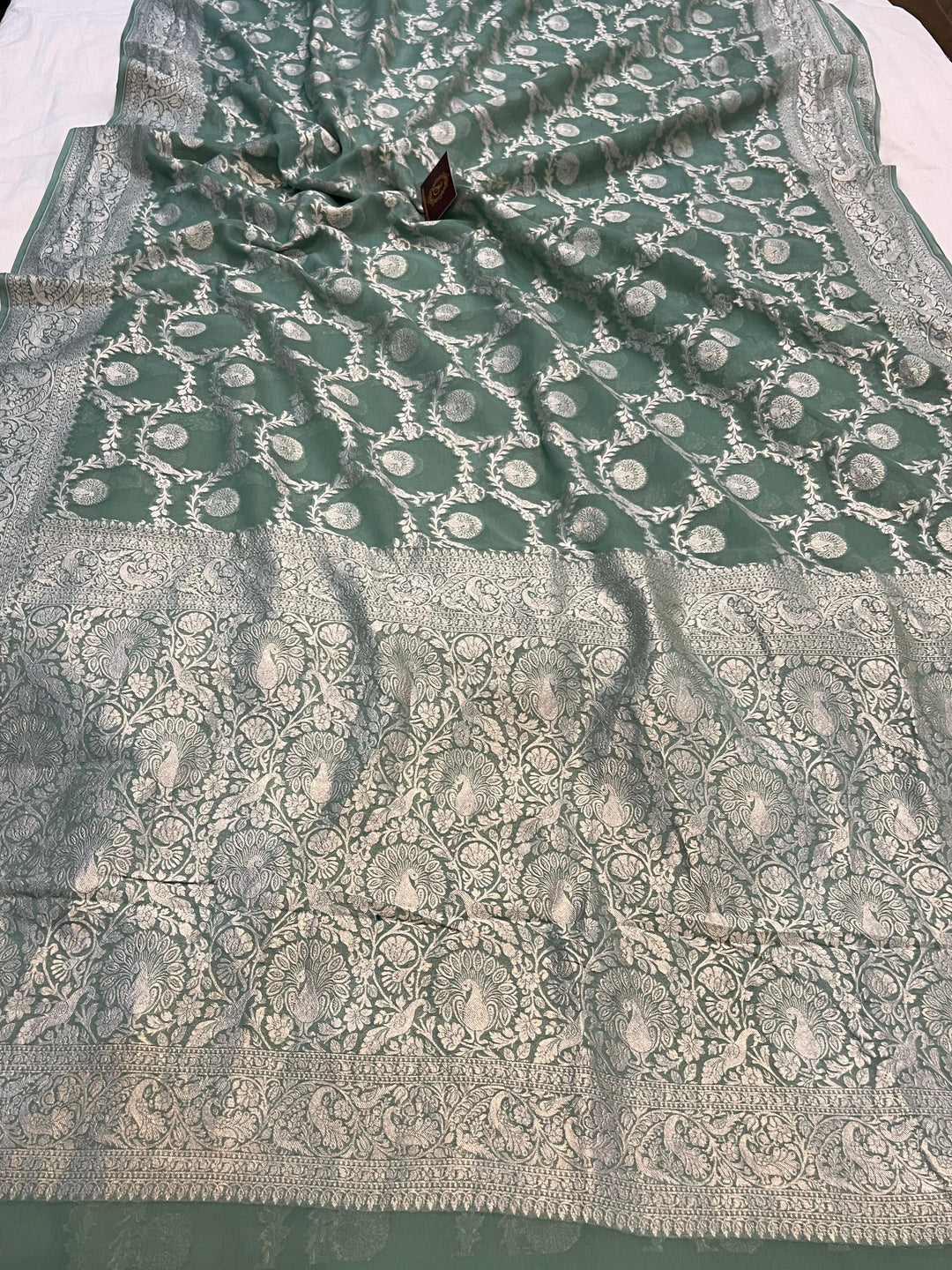 Pure Banarasi Khaddi Georgette Saree | Silver Zari Jaal | Aura Benaras
