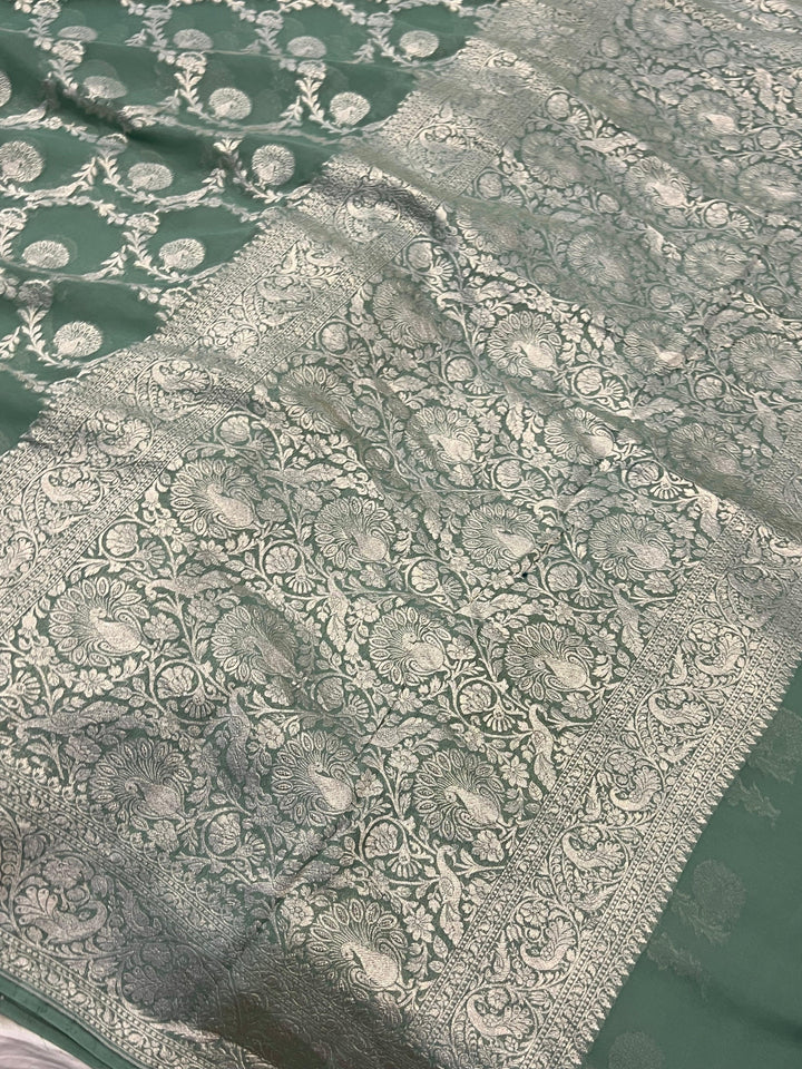 Pure Banarasi Khaddi Georgette Saree | Silver Zari Jaal | Aura Benaras