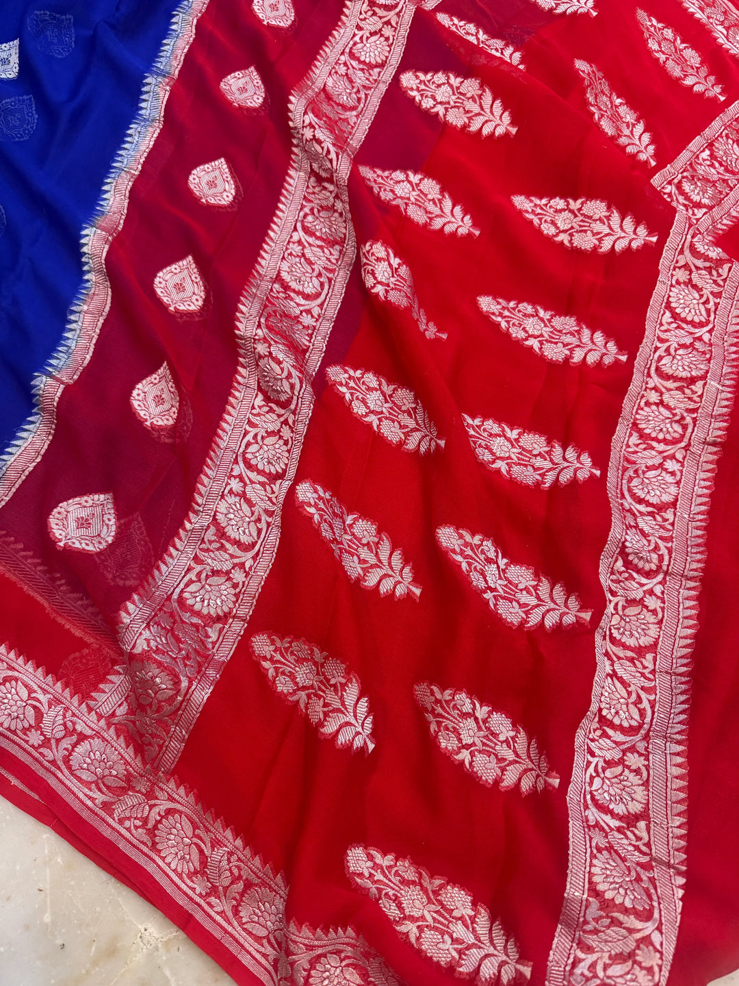 Royal Blue Pure Banarasi Khaddi Chiffon Saree