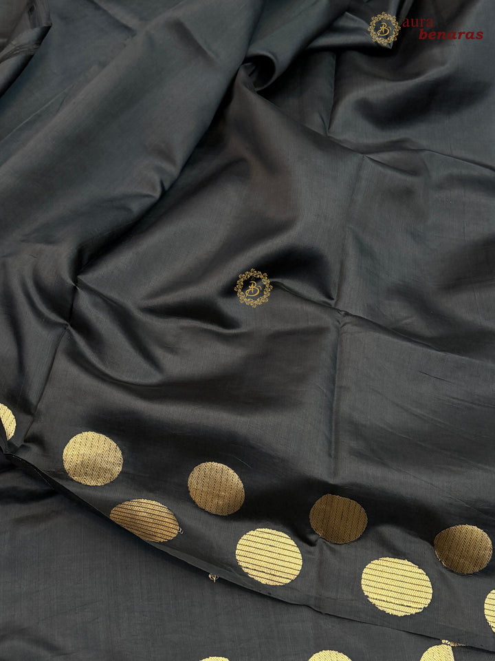 Black Pure Katan Silk Banarasi Saree Kadhwa Geometric Round Motifs