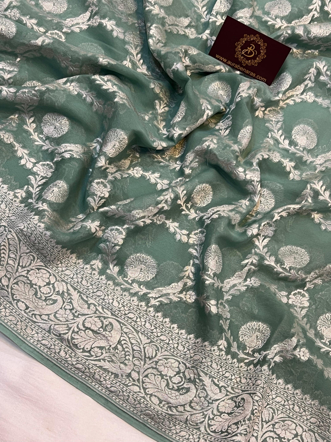 Pure Banarasi Khaddi Georgette Saree | Silver Zari Jaal | Aura Benaras