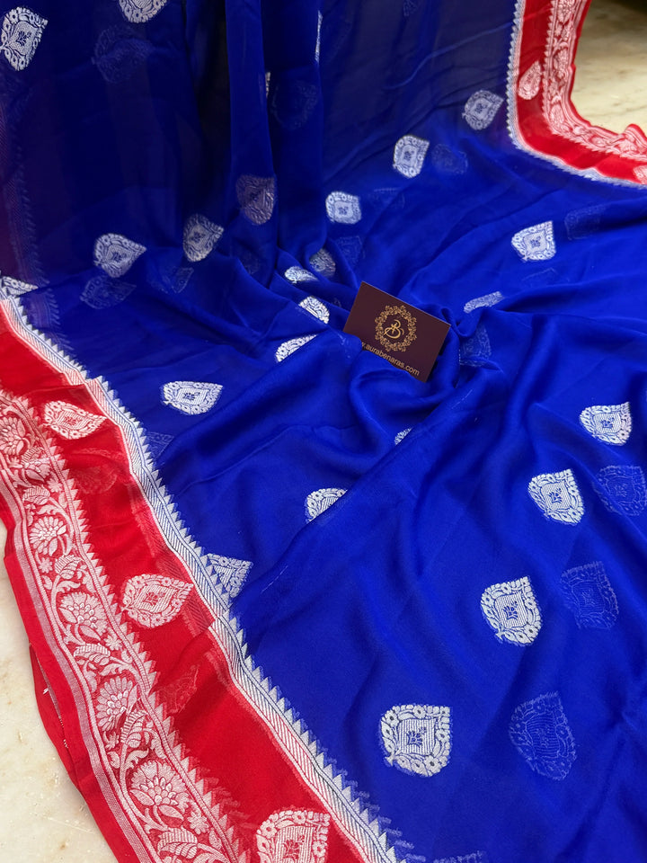 Royal Blue Pure Banarasi Khaddi Chiffon Saree