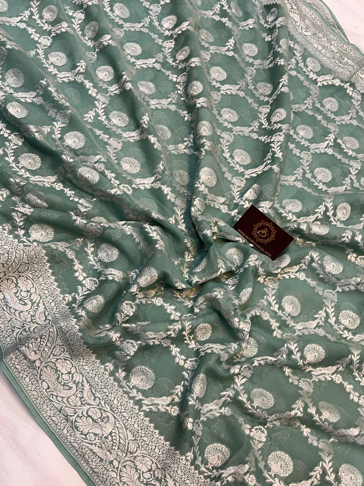 Pure Banarasi Khaddi Georgette Saree | Silver Zari Jaal | Aura Benaras