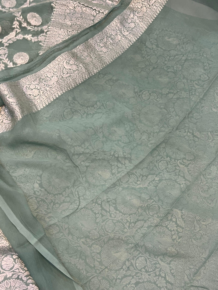Pure Banarasi Khaddi Georgette Saree | Silver Zari Jaal | Aura Benaras
