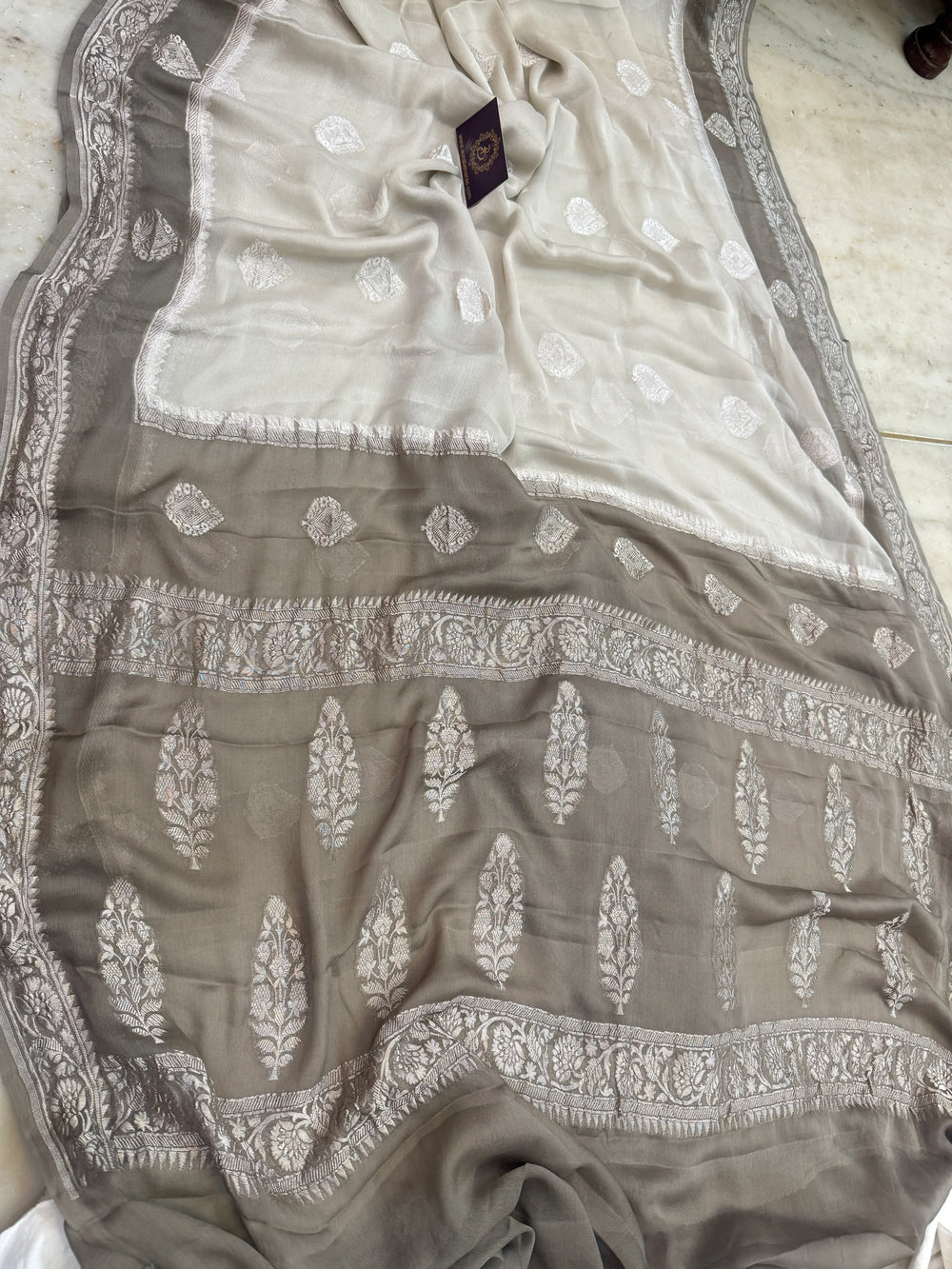 Gray Pure Banarasi Khaddi Chiffon Saree