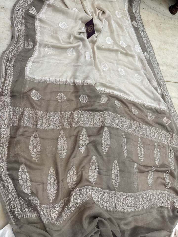 Gray Pure Banarasi Khaddi Chiffon Saree