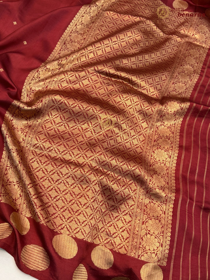 Maroon Pure Katan Silk Banarasi Saree Kadhwa Geometric Round Motifs