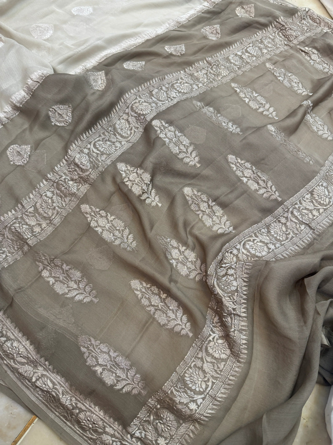 Gray Pure Banarasi Khaddi Chiffon Saree