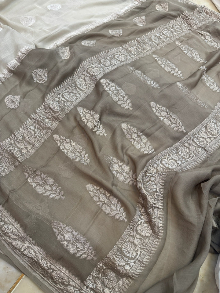 Gray Pure Banarasi Khaddi Chiffon Saree