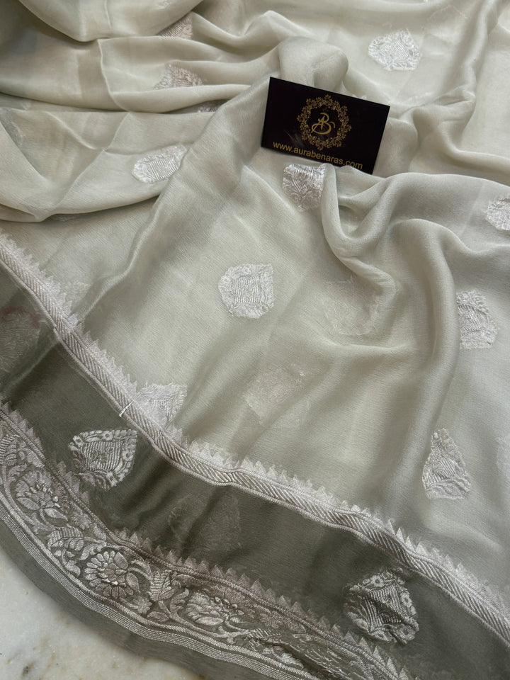 Gray Pure Banarasi Khaddi Chiffon Saree