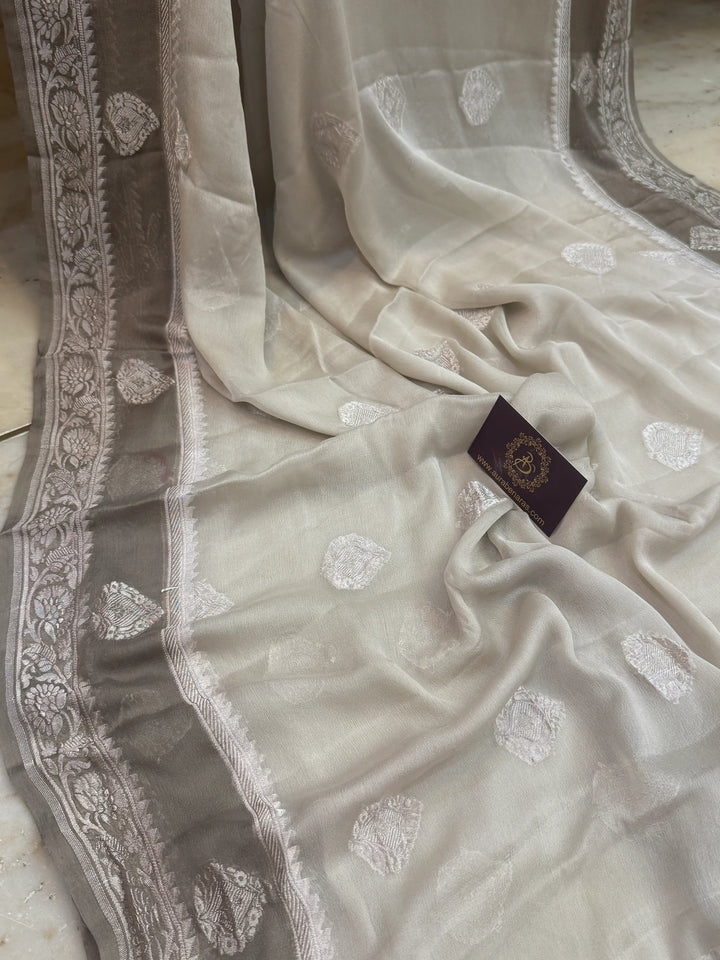 Gray Pure Banarasi Khaddi Chiffon Saree