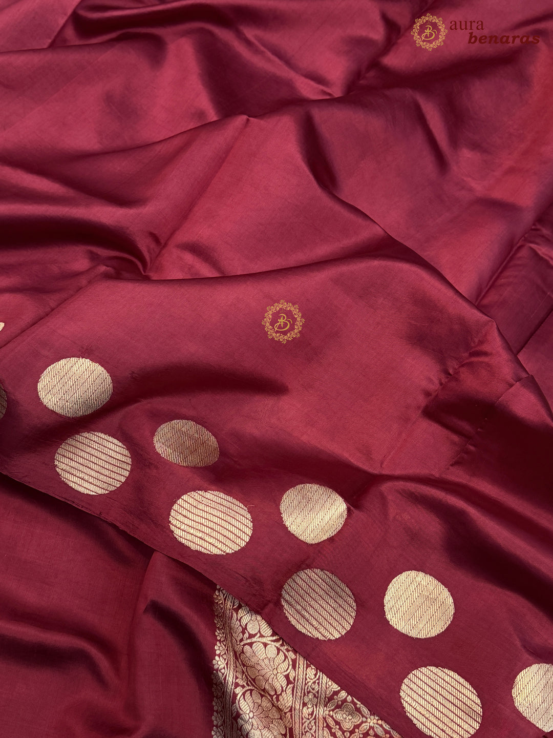 Maroon Pure Katan Silk Banarasi Saree Kadhwa Geometric Round Motifs