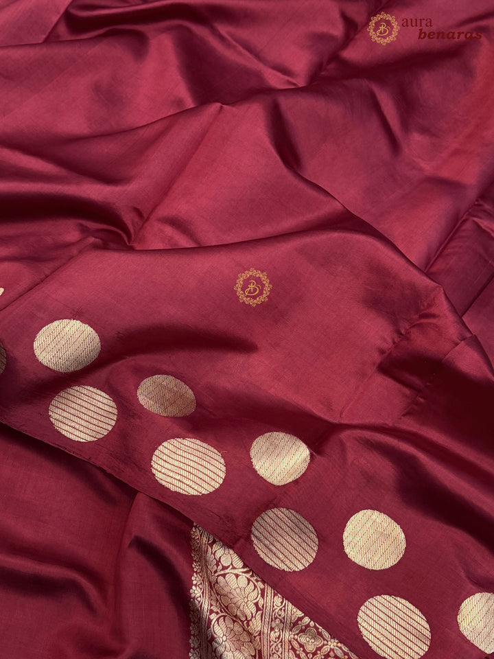Maroon Pure Katan Silk Banarasi Saree Kadhwa Geometric Round Motifs
