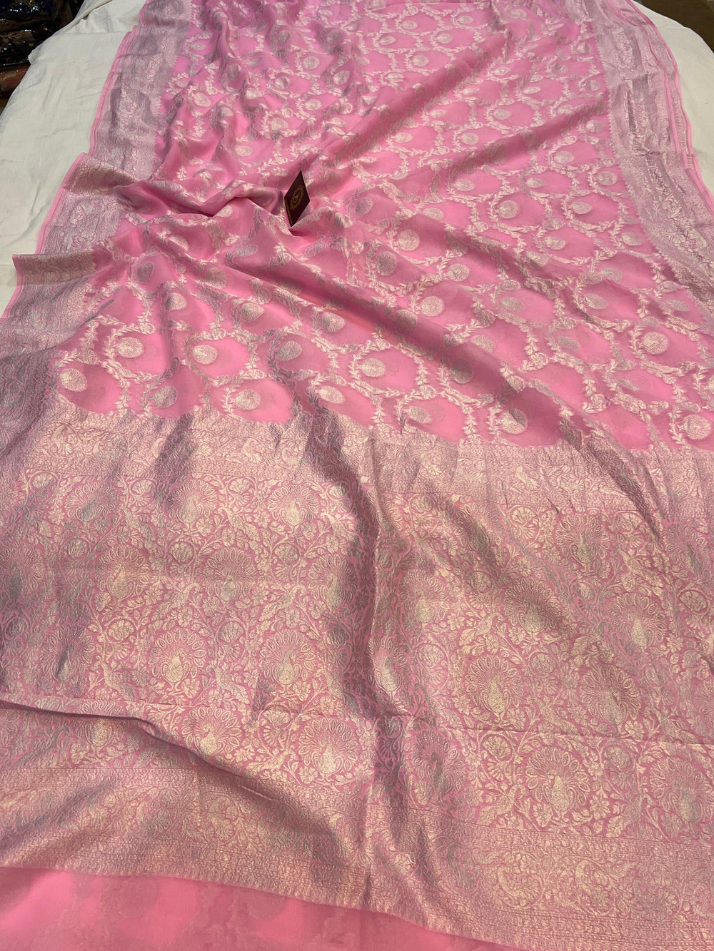 Pure Banarasi Khaddi Georgette Saree | Silver Zari Jaal | Aura Benaras