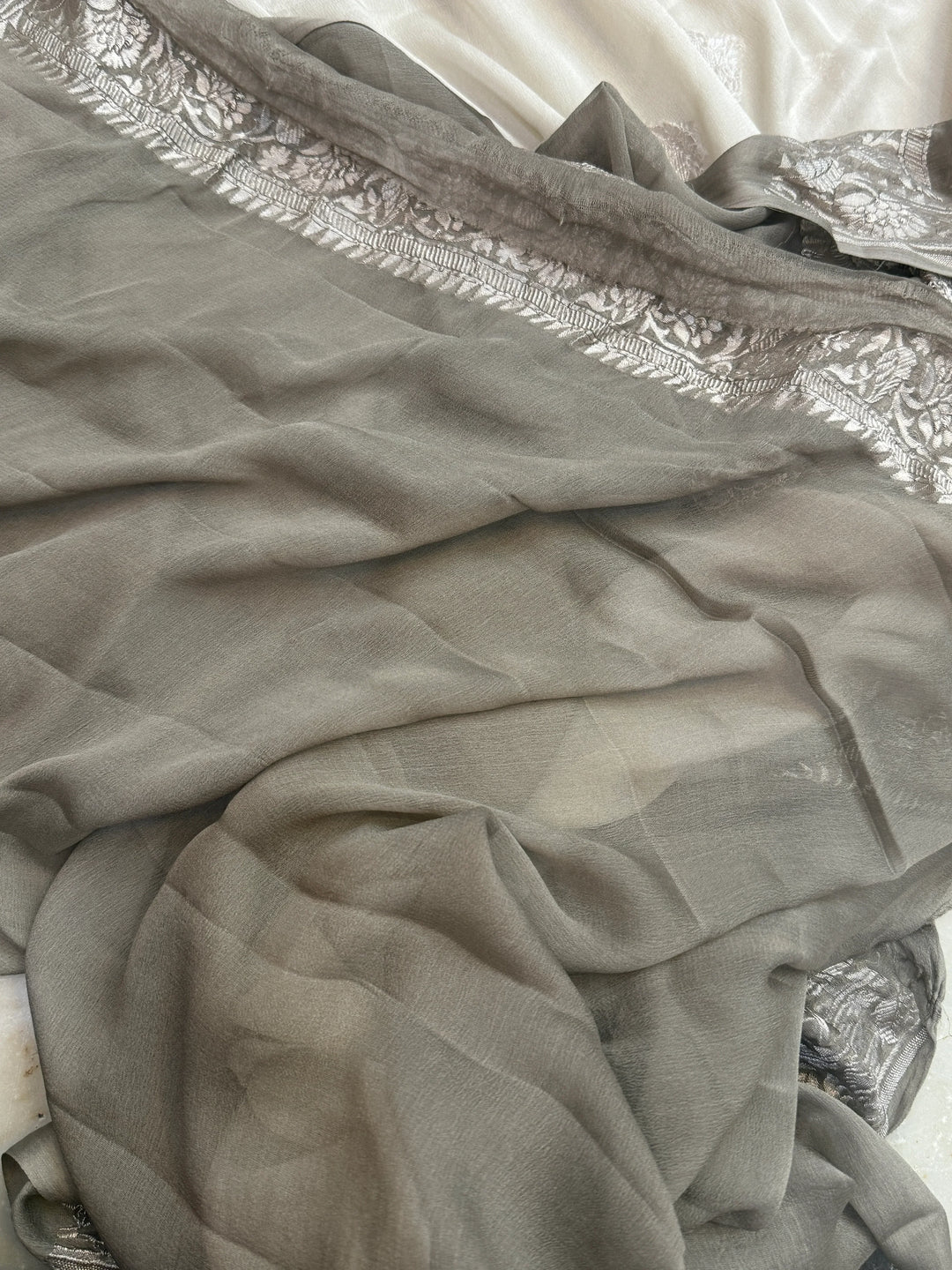Gray Pure Banarasi Khaddi Chiffon Saree