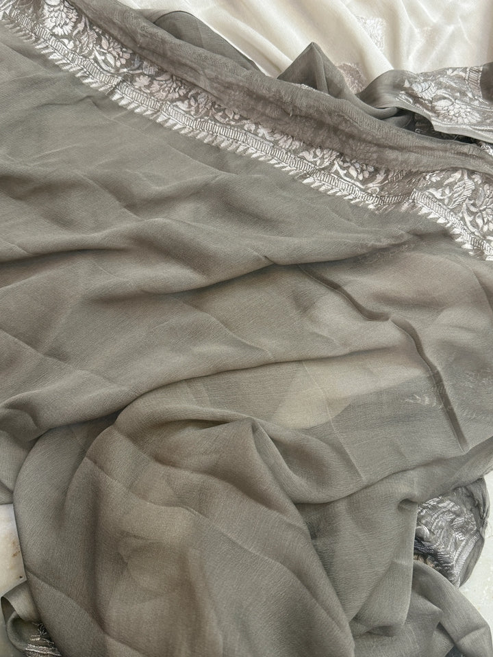 Gray Pure Banarasi Khaddi Chiffon Saree