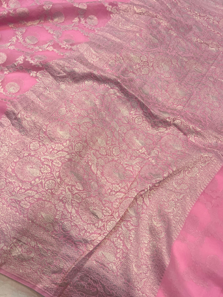 Pure Banarasi Khaddi Georgette Saree | Silver Zari Jaal | Aura Benaras