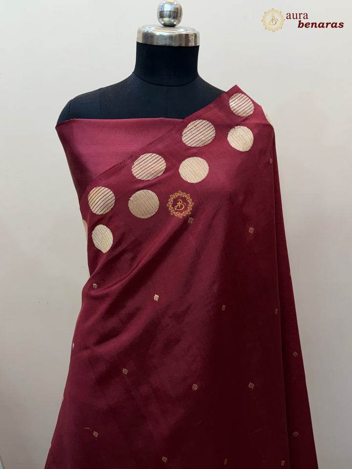 Maroon Pure Katan Silk Banarasi Saree Kadhwa Geometric Round Motifs