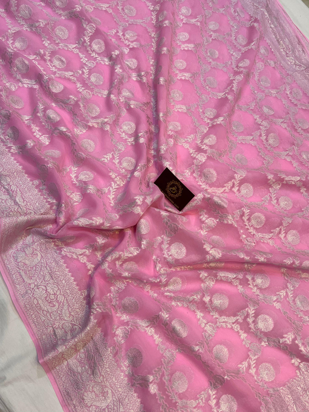 Pure Banarasi Khaddi Georgette Saree | Silver Zari Jaal | Aura Benaras