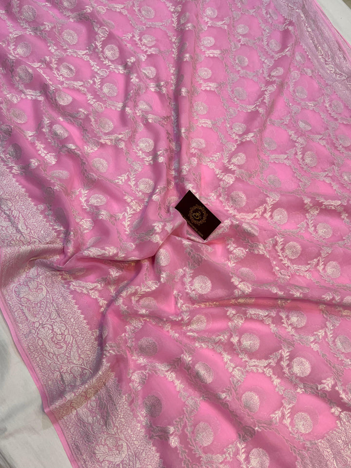 Pure Banarasi Khaddi Georgette Saree | Silver Zari Jaal | Aura Benaras