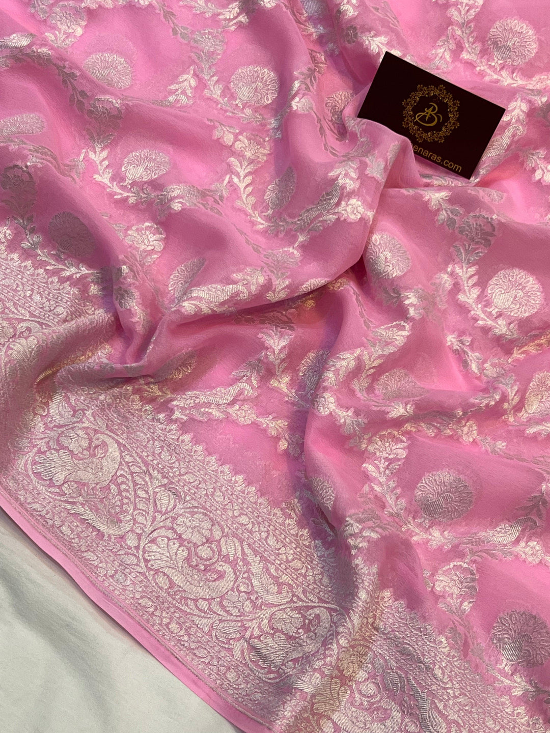 Pure Banarasi Khaddi Georgette Saree | Silver Zari Jaal | Aura Benaras