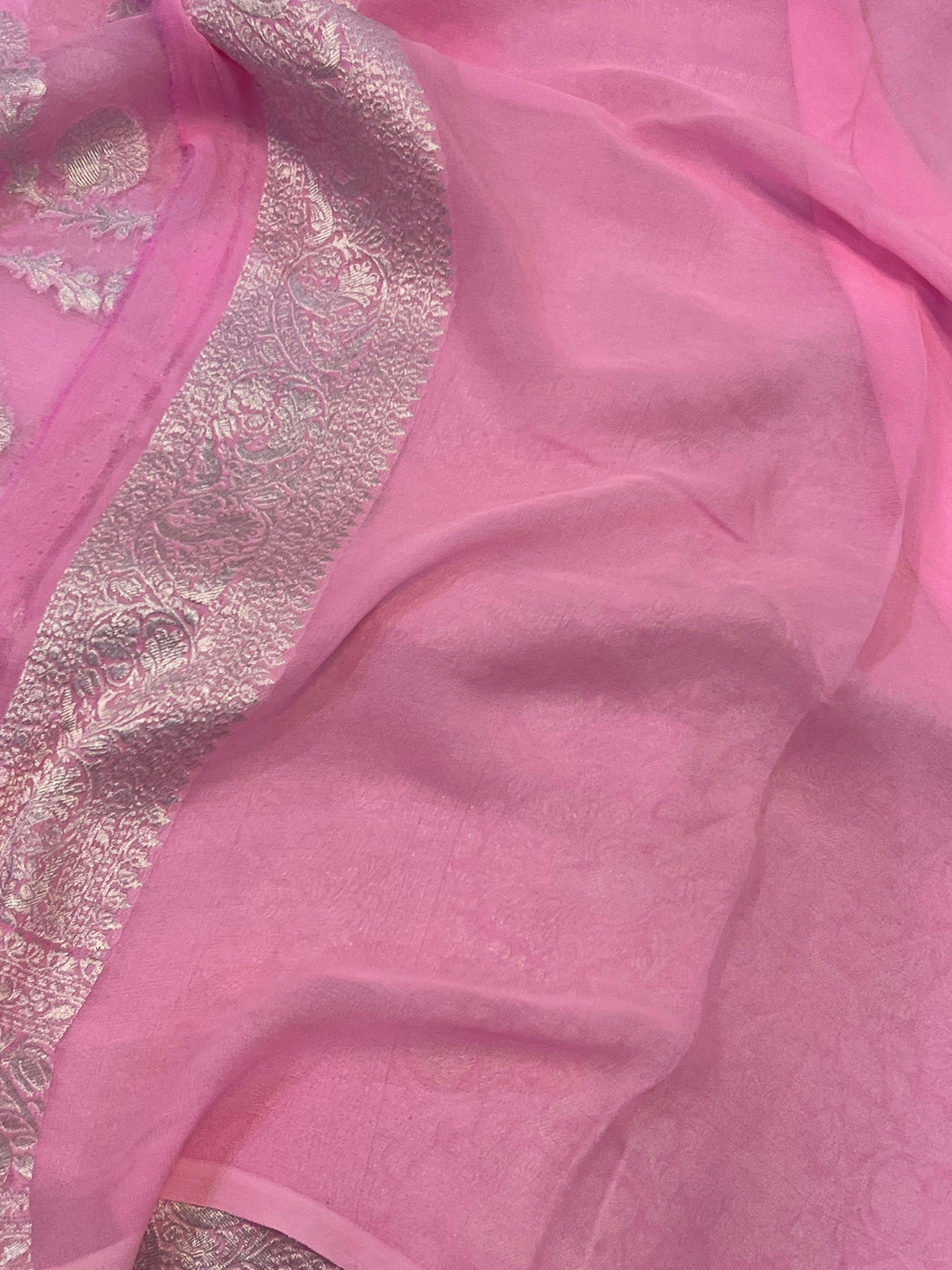 Pure Banarasi Khaddi Georgette Saree | Silver Zari Jaal | Aura Benaras