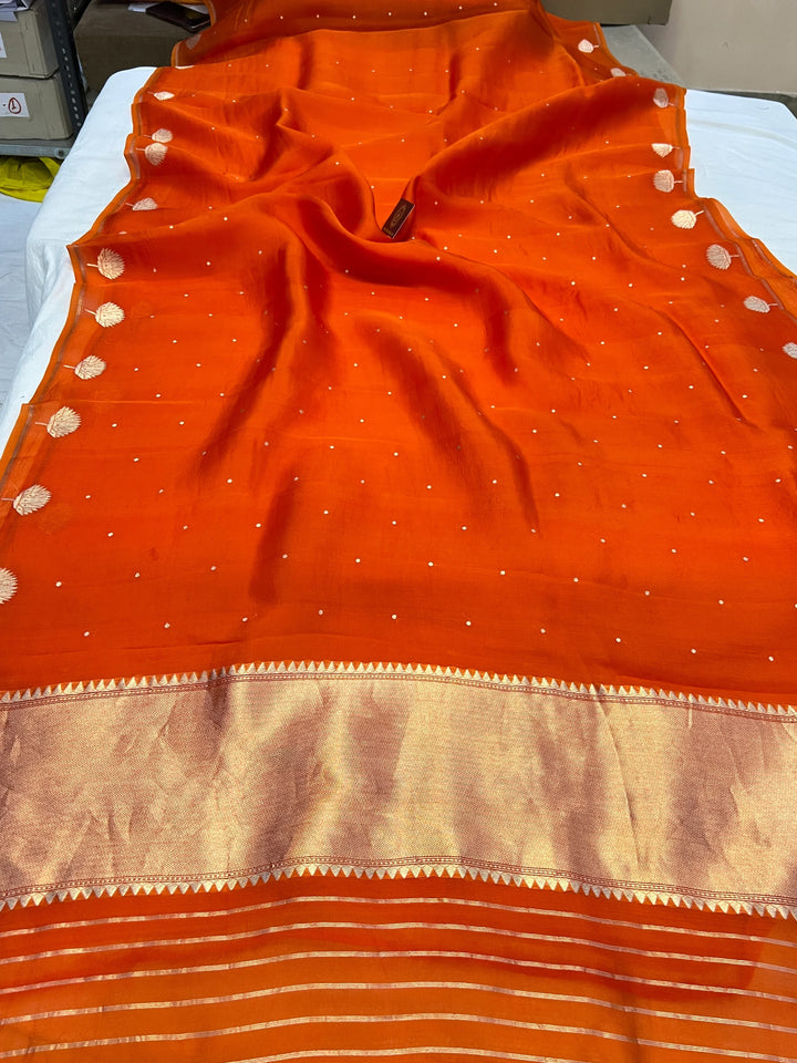 Orange Pure Kora Silk Handloom Banarasi Saree