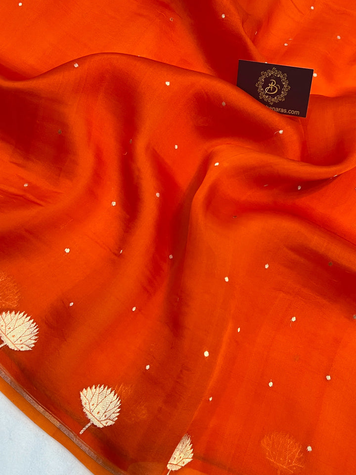 Orange Pure Kora Silk Handloom Banarasi Saree
