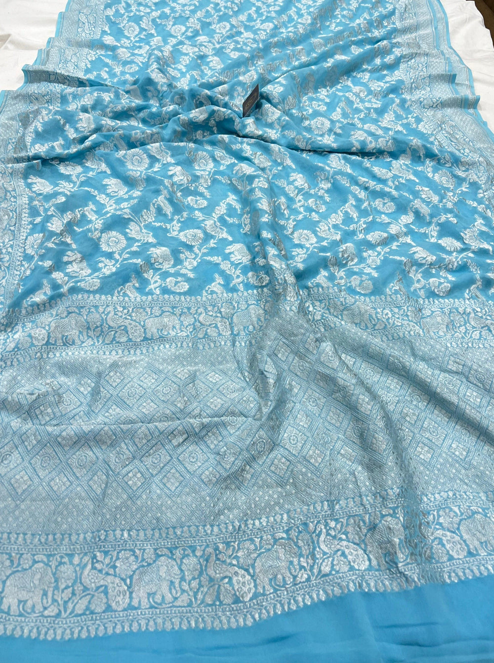 Light Blue Pure Banarasi Khaddi Georgette Saree - Aura Benaras