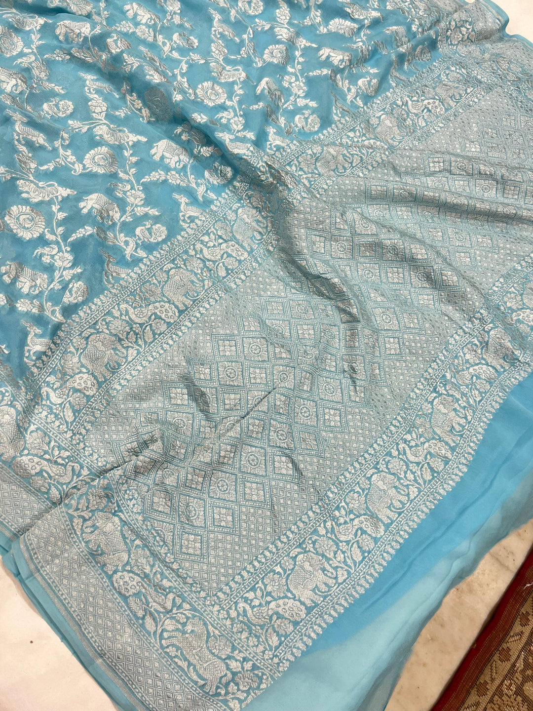 Light Blue Pure Banarasi Khaddi Georgette Saree - Aura Benaras