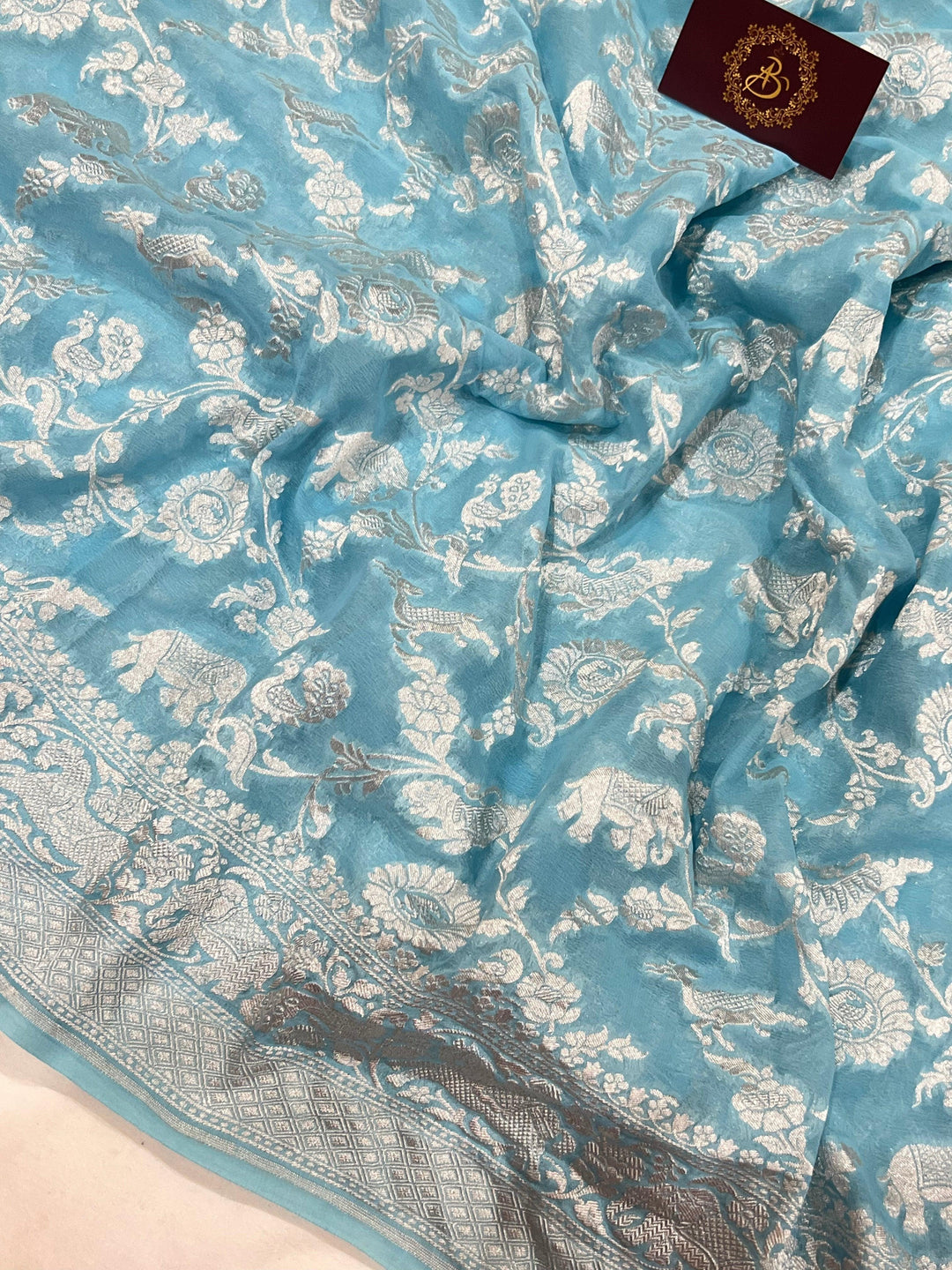 Light Blue Pure Banarasi Khaddi Georgette Saree - Aura Benaras