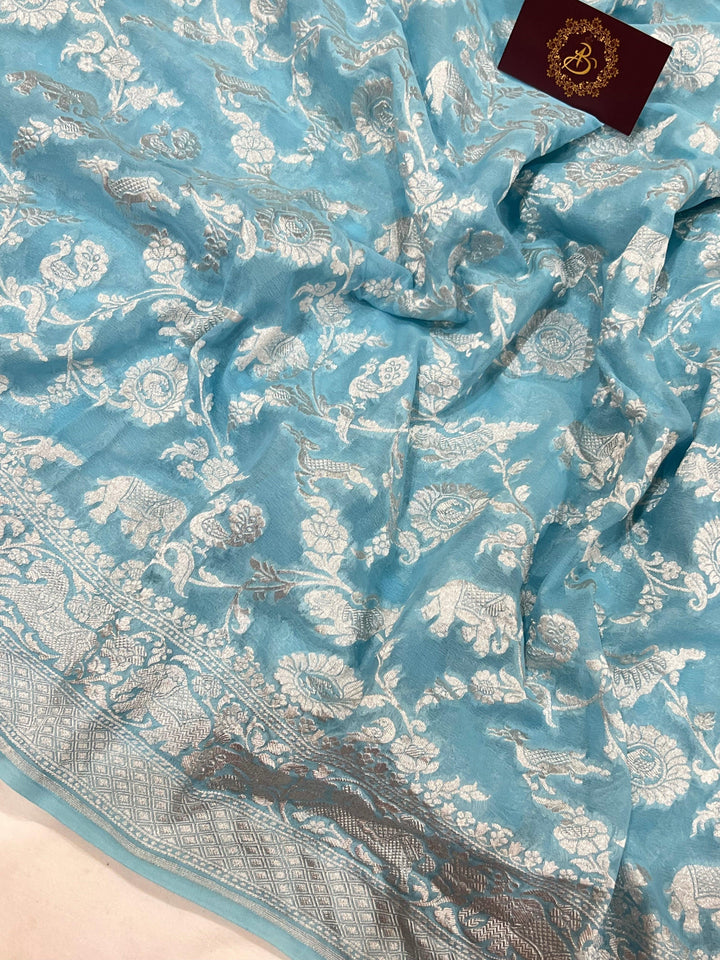 Light Blue Pure Banarasi Khaddi Georgette Saree - Aura Benaras