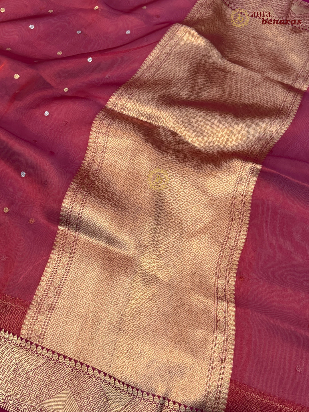 Radish Pink Banarasi Handloom Organza Tissue Silk Saree - Aura Benaras