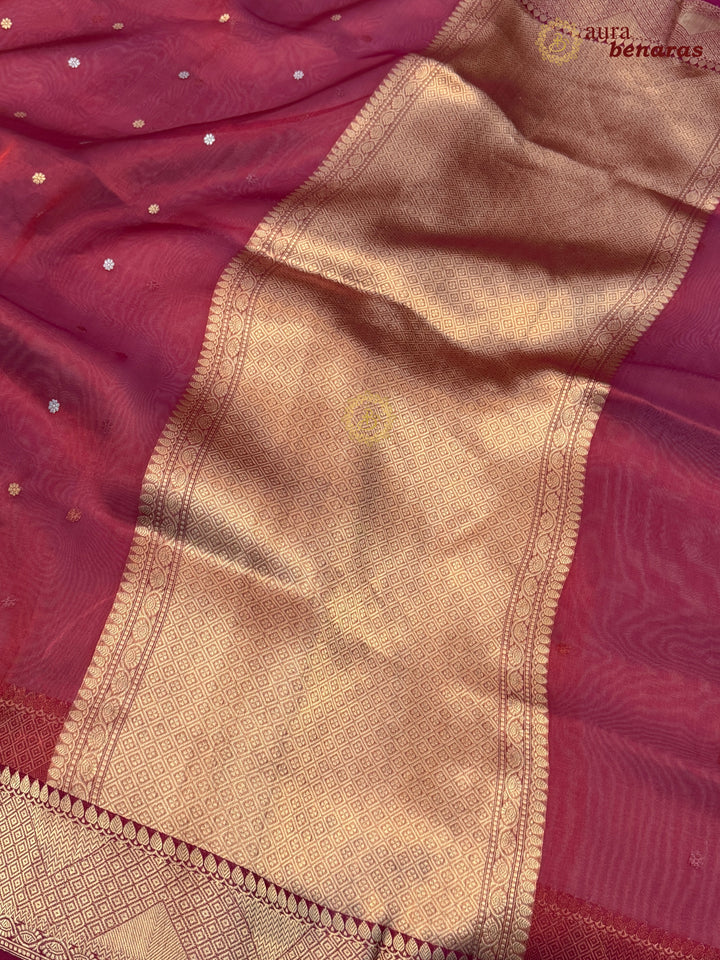 Radish Pink Banarasi Handloom Organza Tissue Silk Saree - Aura Benaras