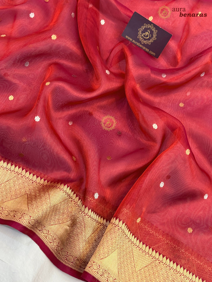 Radish Pink Banarasi Handloom Organza Tissue Silk Saree - Aura Benaras