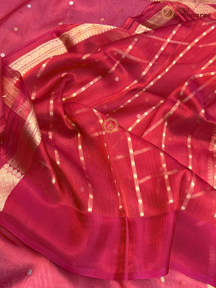 Radish Pink Banarasi Handloom Organza Tissue Silk Saree - Aura Benaras