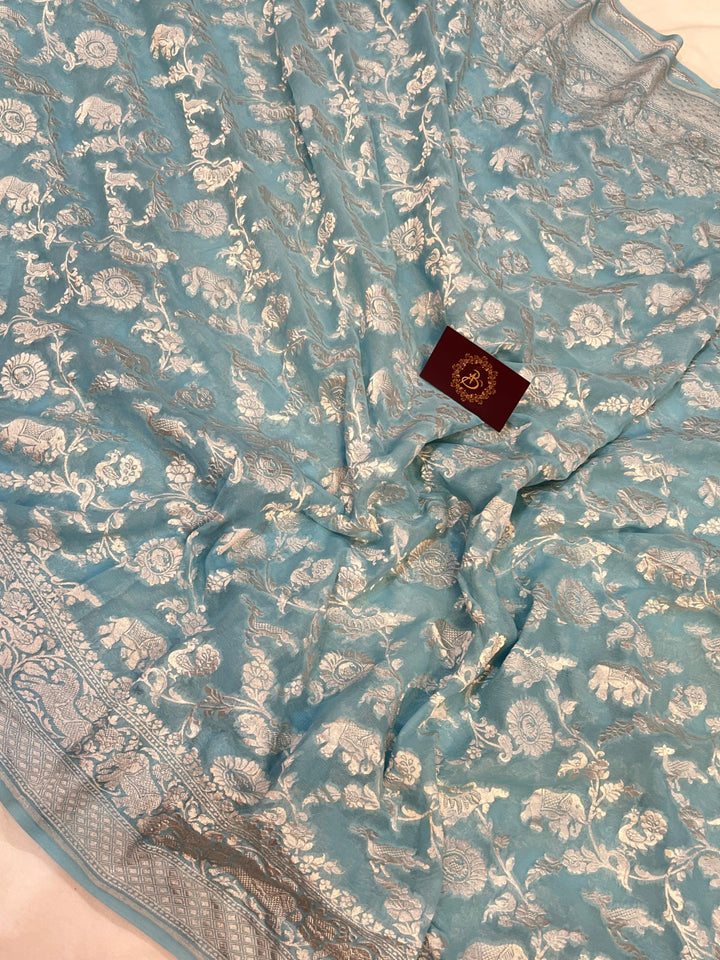 Light Blue Pure Banarasi Khaddi Georgette Saree - Aura Benaras