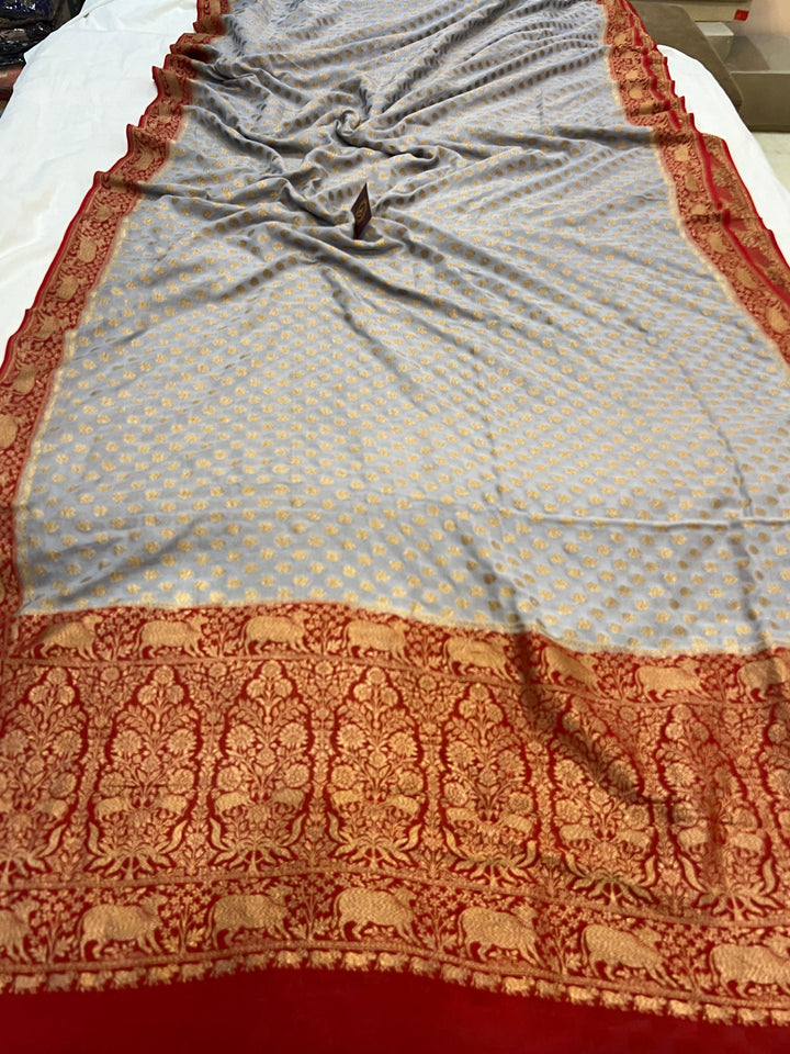 Grey Banarasi Handloom Pure Khaddi Georgette Saree - Aura Benaras