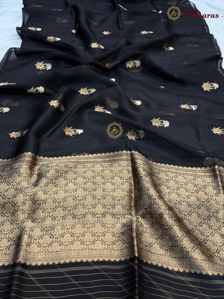 Black Kora Silk Banarasi Saree with Sona Rupa Butis