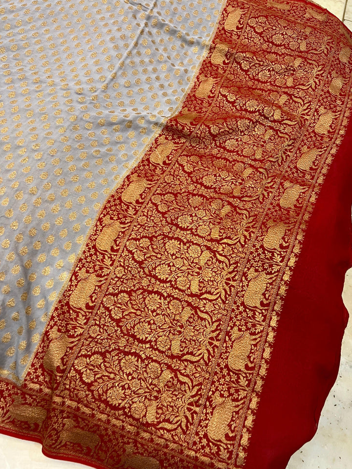 Grey Banarasi Handloom Pure Khaddi Georgette Saree - Aura Benaras