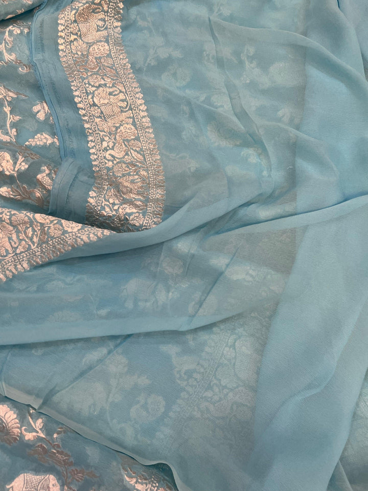 Light Blue Pure Banarasi Khaddi Georgette Saree - Aura Benaras