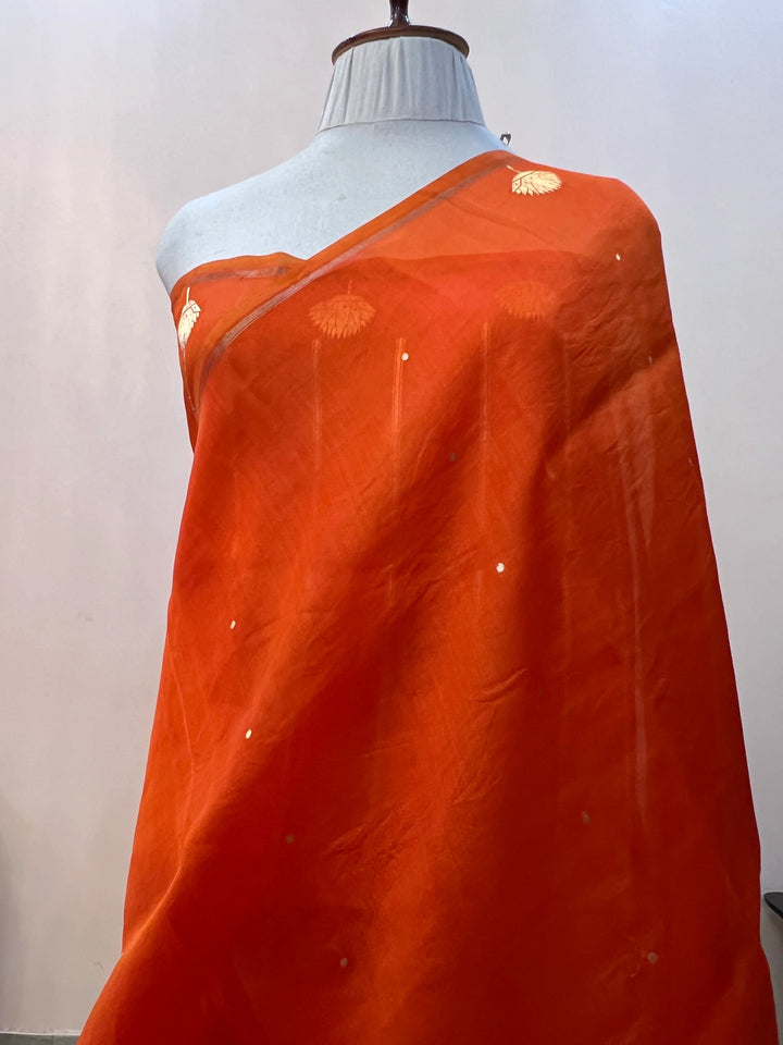 Orange Pure Kora Silk Handloom Banarasi Saree