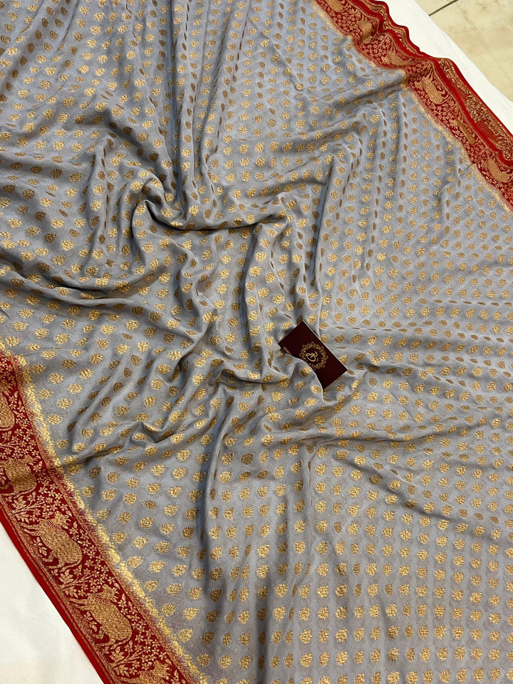 Grey Banarasi Handloom Pure Khaddi Georgette Saree - Aura Benaras