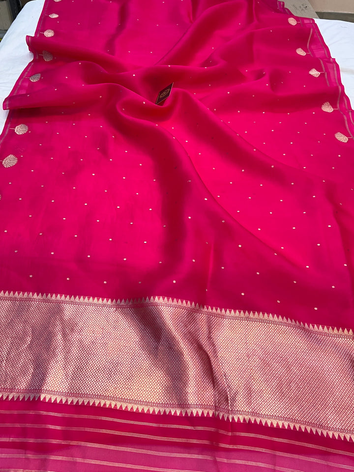 Rani Pink Pure Kora Silk Handloom Banarasi Saree
