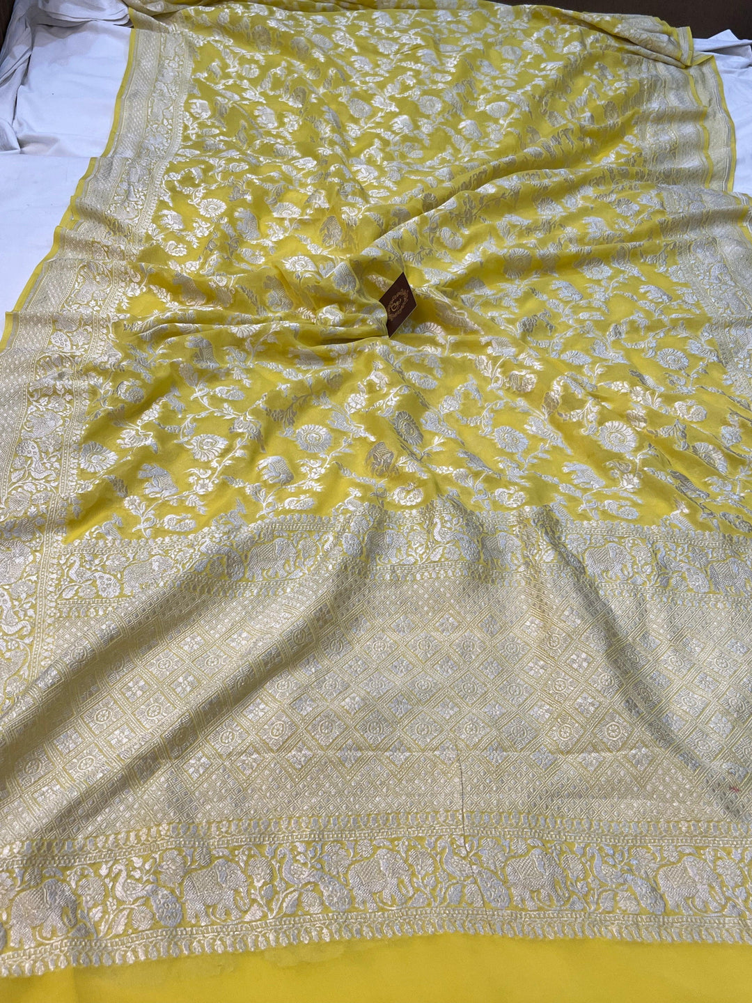 Lemon Yellow Pure Banarasi Khaddi Georgette Saree - Aura Benaras