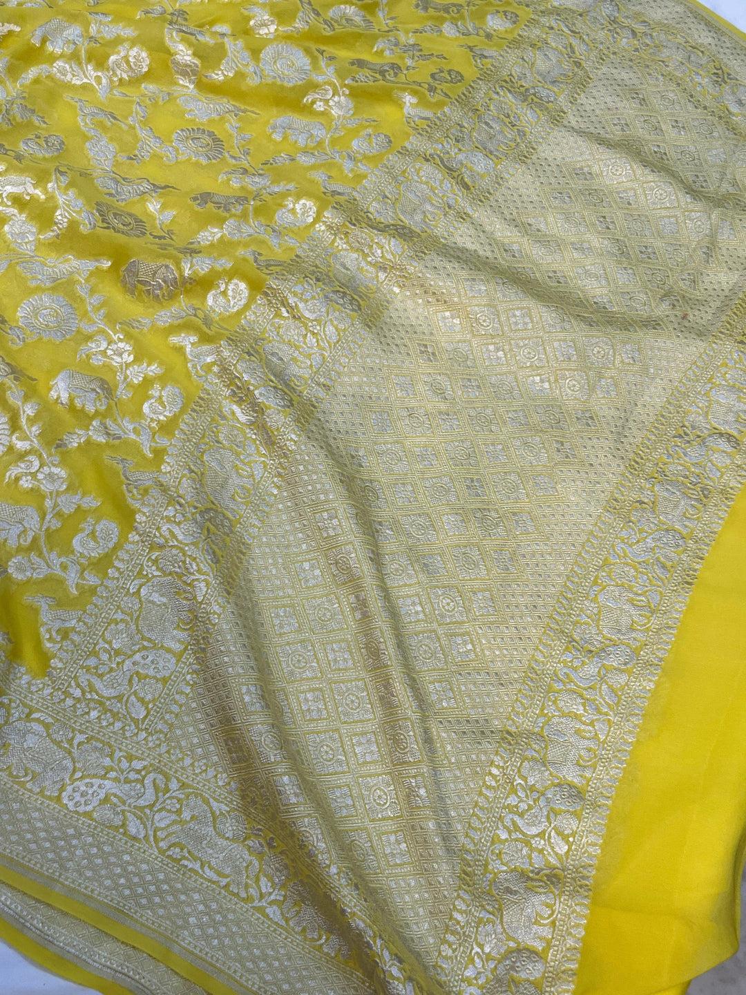 Lemon Yellow Pure Banarasi Khaddi Georgette Saree - Aura Benaras